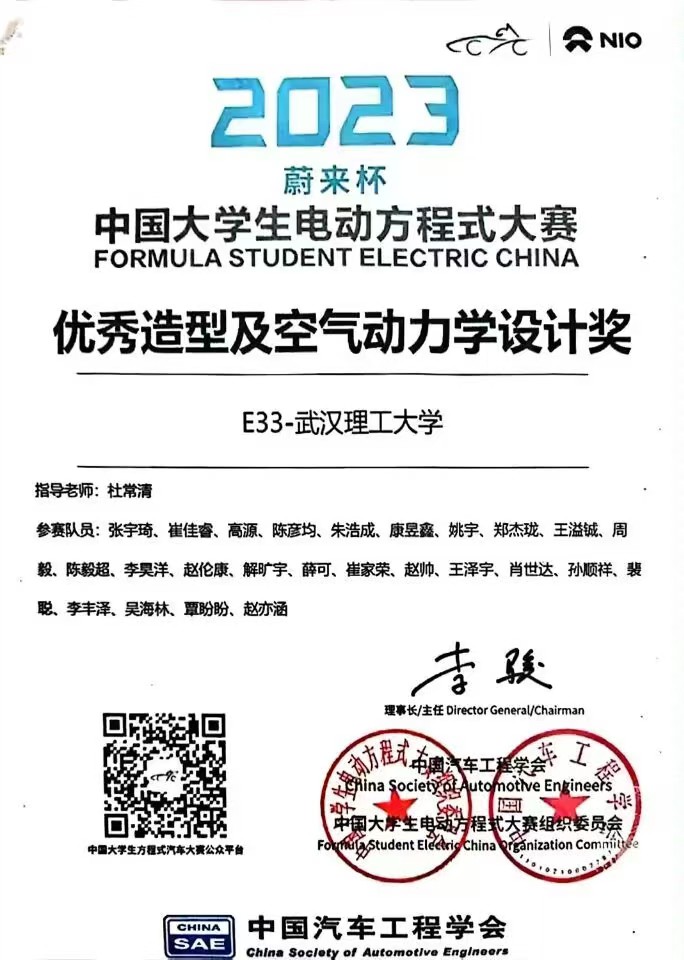 2023蔚来杯中国大学生电动方程式大赛优秀造型及空气动力学设计奖