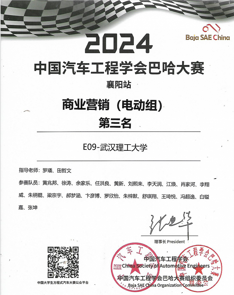 中国汽车公车学会巴哈大赛商业营销（电动组）第三名