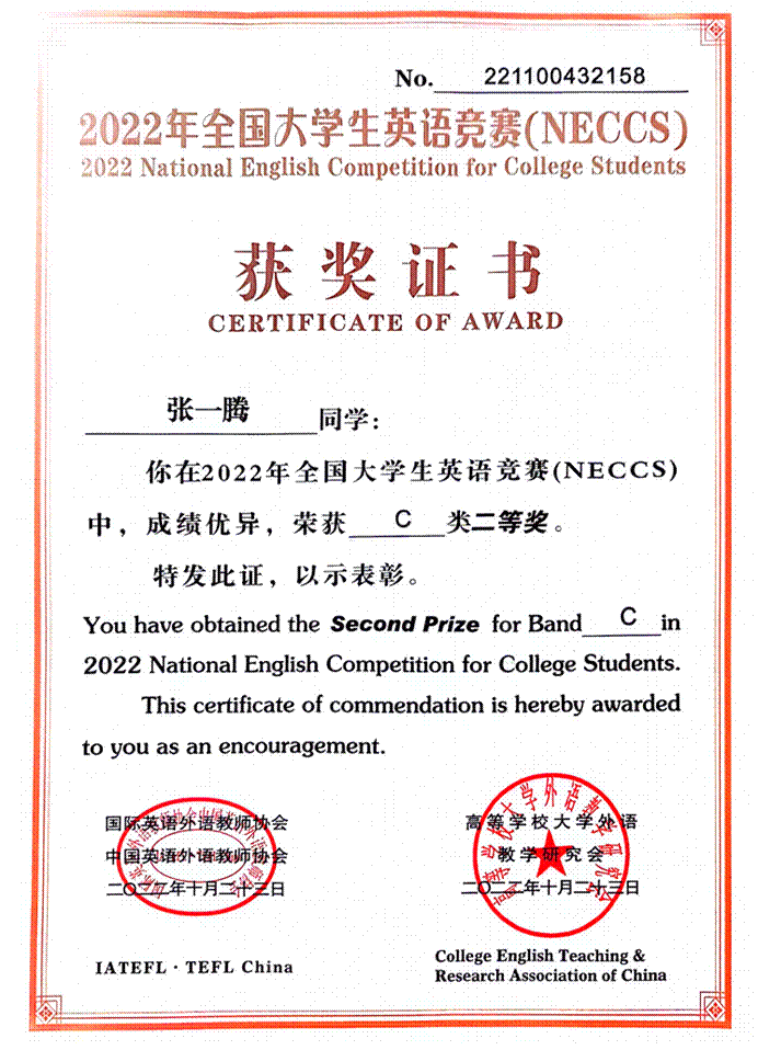全国大学生英语竞赛C类-省级二等奖