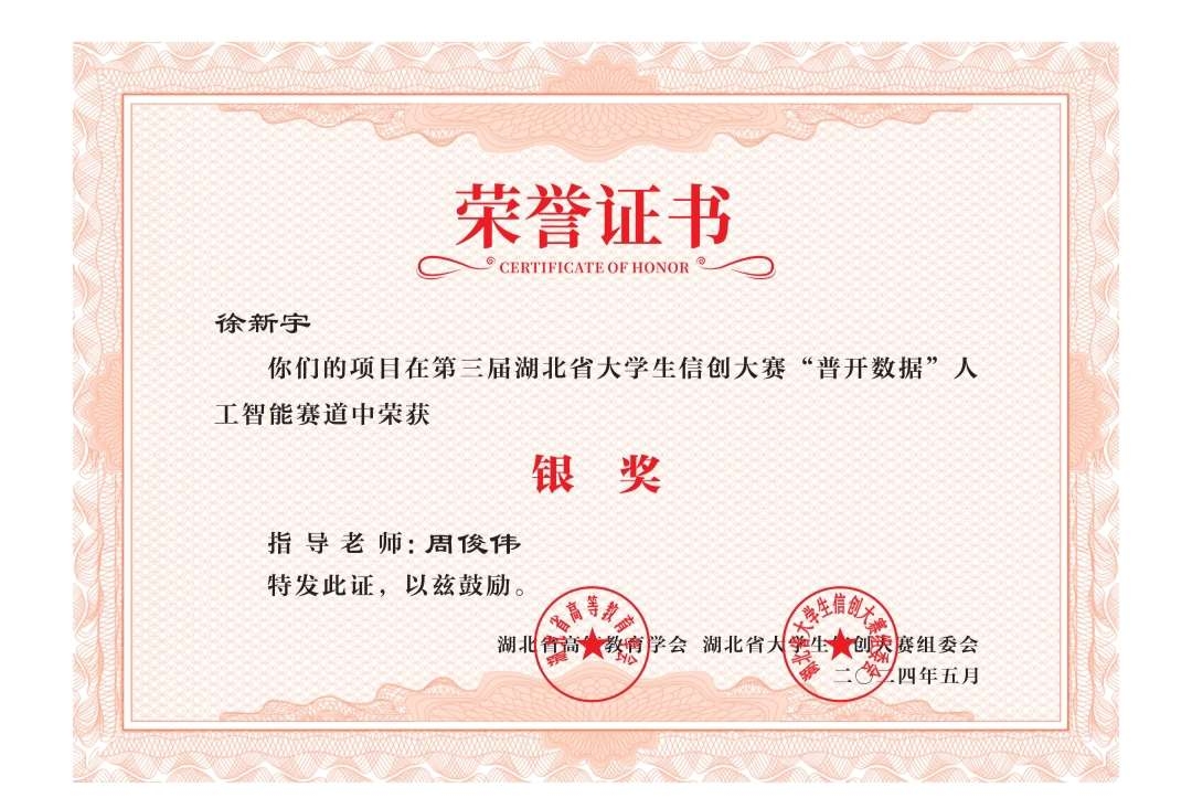 第三届湖北省大学生信创大赛“普开数据”人工智能赛道银奖
