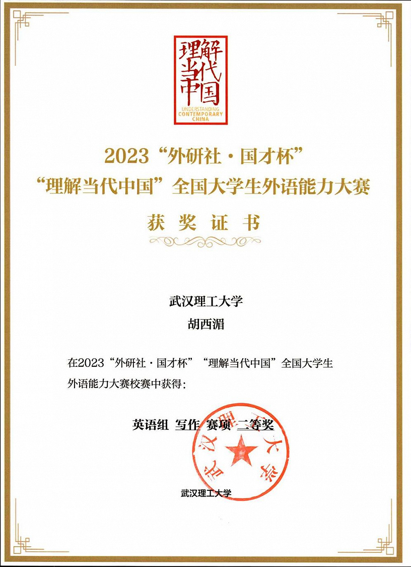 2023“外研杯·国才杯”“理解当代中国”全国大学生外语能力大赛英语组写作赛项校赛二等奖