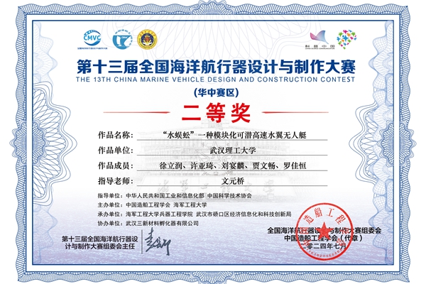 第十三届全国海洋航行器设计与制作大赛（华中赛区）二等奖
