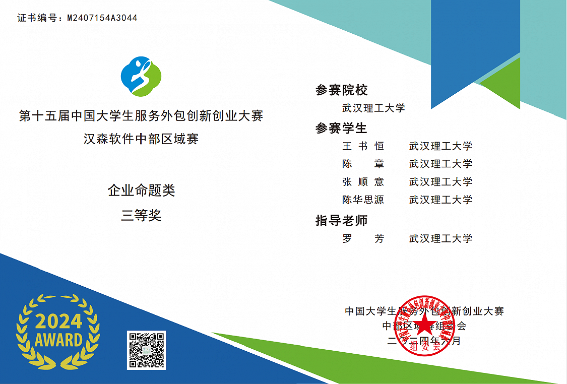 第十五届中国大学生服务外包创新创业大赛汉森软件中部区域赛企业命题类三等奖