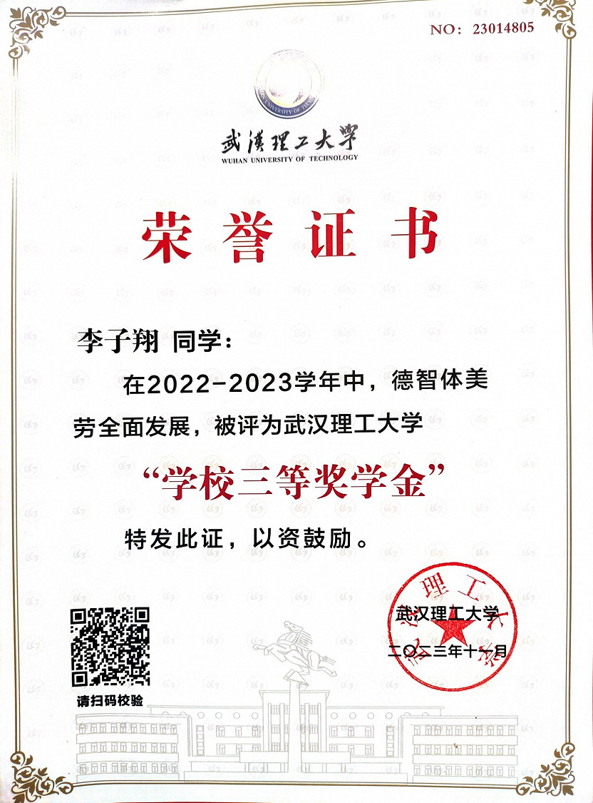 2022-2023学年武汉理工大学“学校三等奖学金