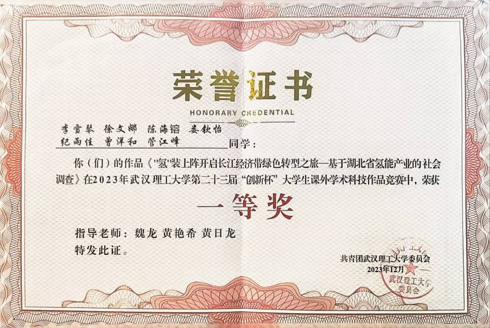 武汉理工大学第二十三届”创新杯“大学生课外学术科技作品竞赛一等奖